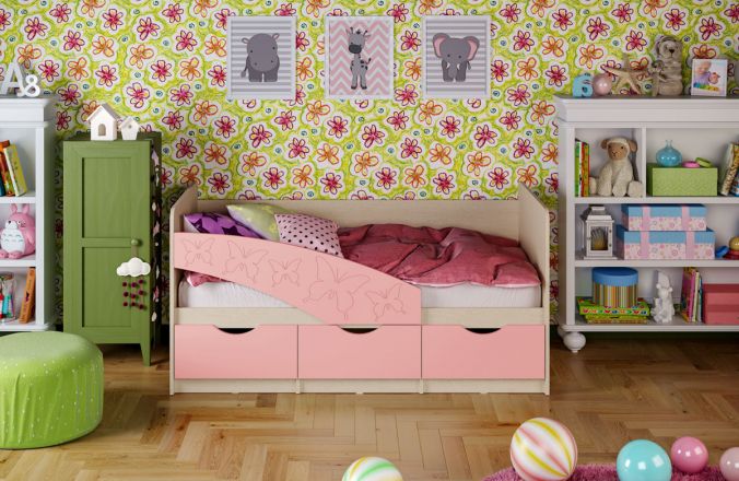 Детская кровать Бабочки (матовый) 1.6 м. Розовый